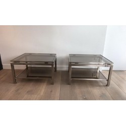 Pair of Brushed Steel and Smoked Glass Side Tables by Guy Lefèvre for Maison Jansen