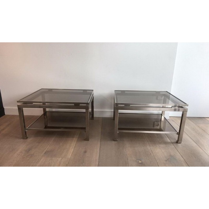 Pair of Brushed Steel and Smoked Glass Side Tables by Guy Lefèvre for Maison Jansen