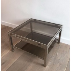 Pair of Brushed Steel and Smoked Glass Side Tables by Guy Lefèvre for Maison Jansen