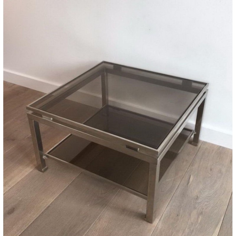 Pair of Brushed Steel and Smoked Glass Side Tables by Guy Lefèvre for Maison Jansen