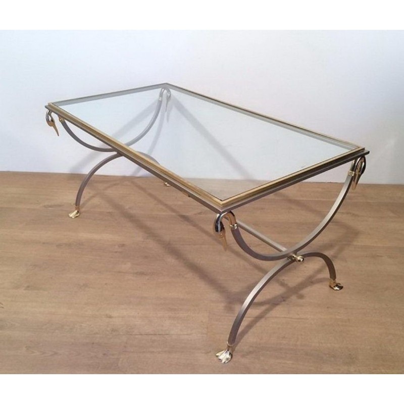 Brushed Steel and Brass Swan Coffee Table by Maison Jansen
