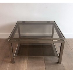 Pair of Brushed Steel and Smoked Glass Side Tables by Guy Lefèvre for Maison Jansen