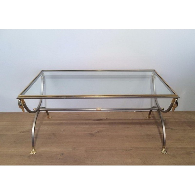 Brushed Steel and Brass Swan Coffee Table by Maison Jansen