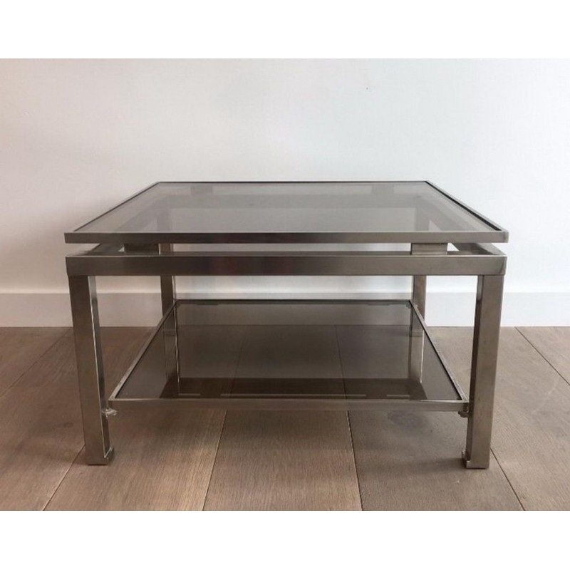 Pair of Brushed Steel and Smoked Glass Side Tables by Guy Lefèvre for Maison Jansen