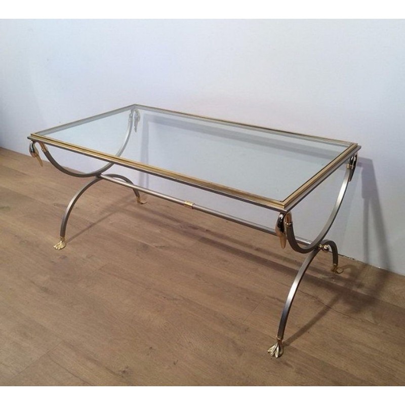 Brushed Steel and Brass Swan Coffee Table by Maison Jansen
