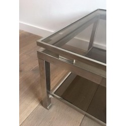 Pair of Brushed Steel and Smoked Glass Side Tables by Guy Lefèvre for Maison Jansen