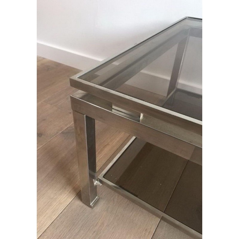 Pair of Brushed Steel and Smoked Glass Side Tables by Guy Lefèvre for Maison Jansen