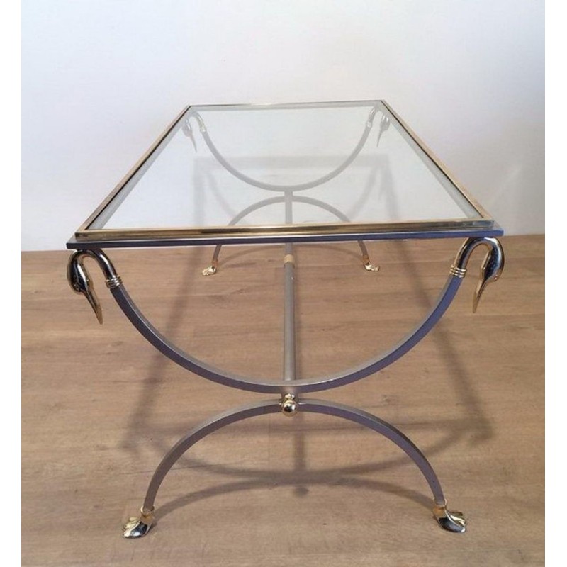 Brushed Steel and Brass Swan Coffee Table by Maison Jansen