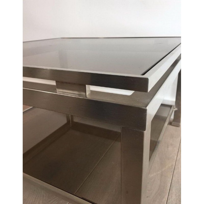 Pair of Brushed Steel and Smoked Glass Side Tables by Guy Lefèvre for Maison Jansen
