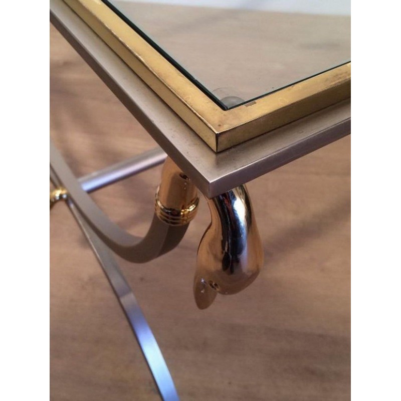 Brushed Steel and Brass Swan Coffee Table by Maison Jansen