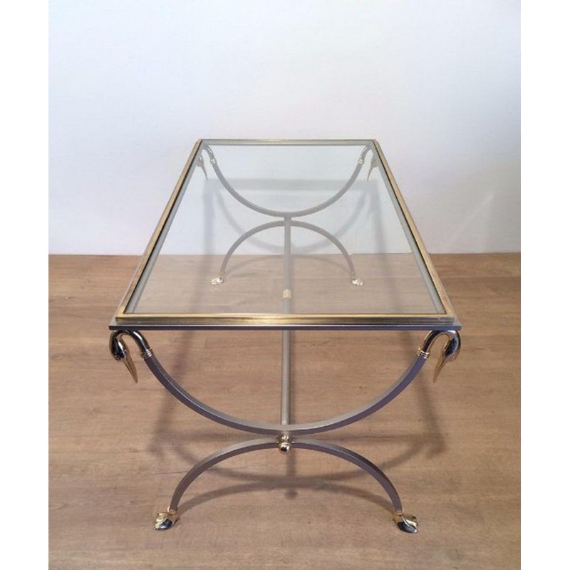 Brushed Steel and Brass Swan Coffee Table by Maison Jansen
