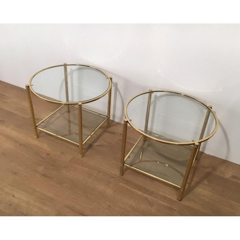 Pair of Round Brass and Glass Side Tables