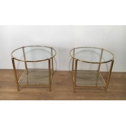 Pair of Round Brass and Glass Side Tables