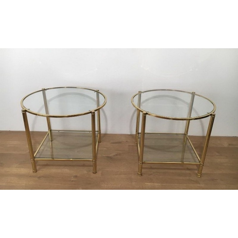 Pair of Round Brass and Glass Side Tables