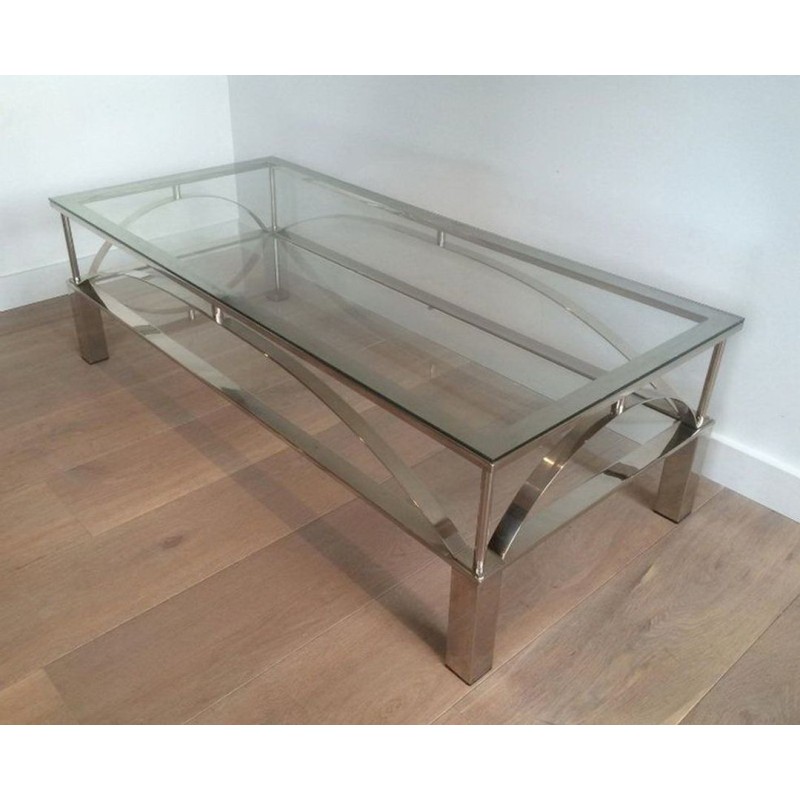 Chrome and Glass Coffee Table with Arched Cross-Braces