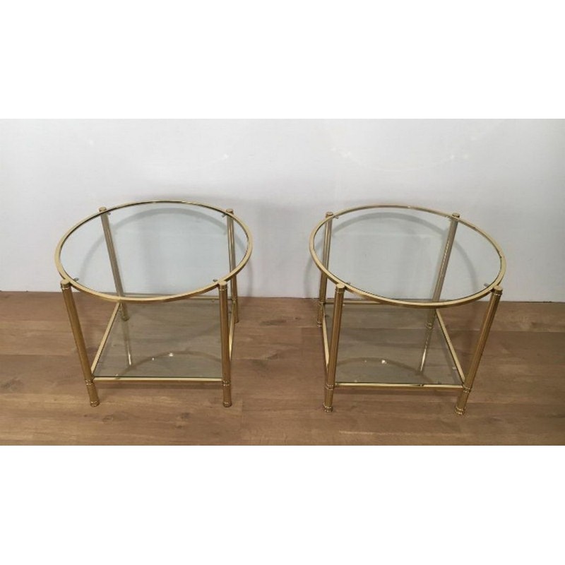 Pair of Round Brass and Glass Side Tables