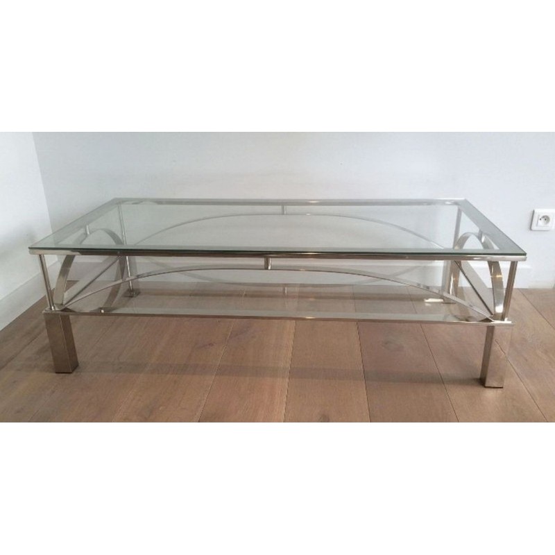 Chrome and Glass Coffee Table with Arched Cross-Braces