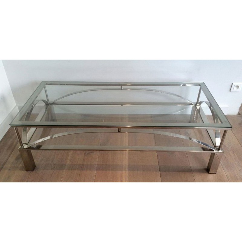 Chrome and Glass Coffee Table with Arched Cross-Braces