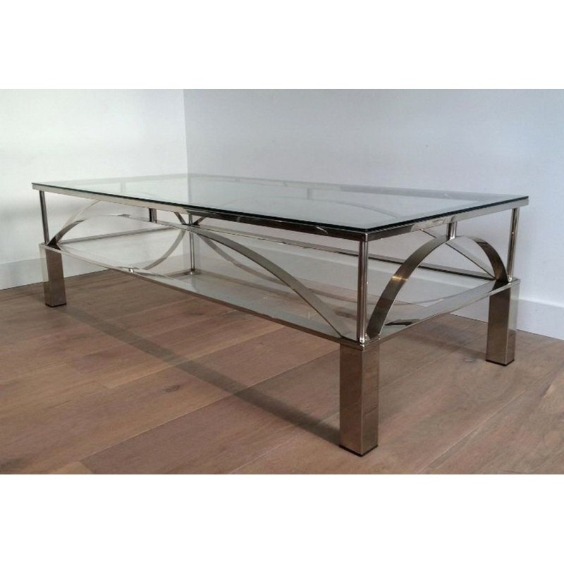 Chrome and Glass Coffee Table with Arched Cross-Braces