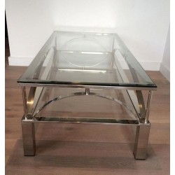 Chrome and Glass Coffee Table with Arched Cross-Braces