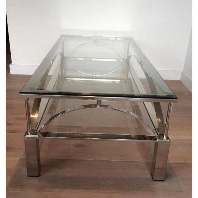 Chrome and Glass Coffee Table with Arched Cross-Braces