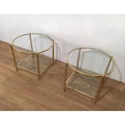 Pair of Round Brass and Glass Side Tables