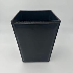 Black Leather Desk Basket with Saddle Stitching In the Style of Jacques Adnet