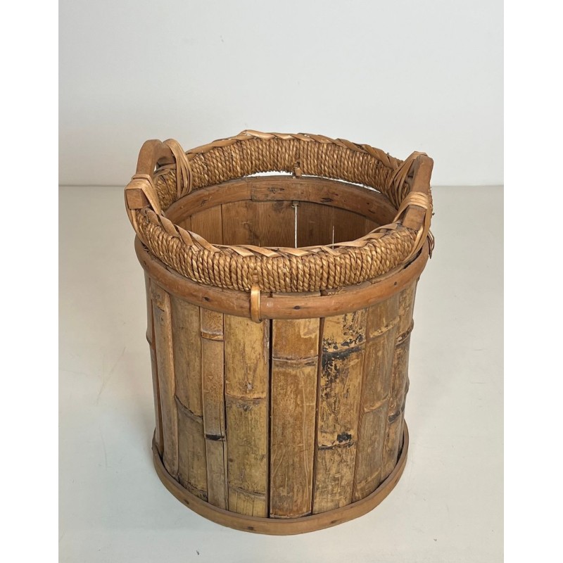 Rattan and Brass Wastebasket with Braided Rim