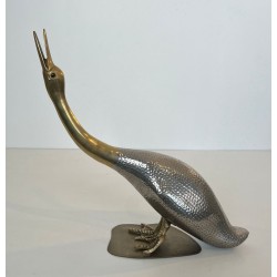 Pair of Silvered Metal and Brass Decorative Duck Sculptures, Mid-20th Century