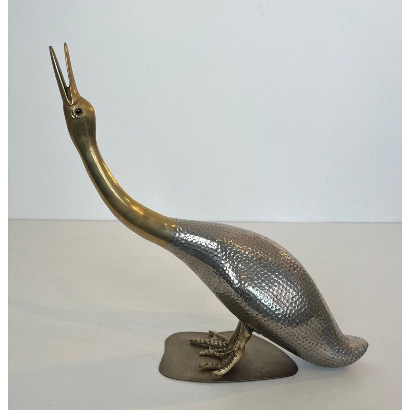 Pair of Silvered Metal and Brass Decorative Duck Sculptures, Mid-20th Century
