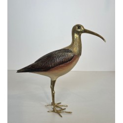 Decorative Carved Wood and Brass Sculpture of a Long-Billed Wading Bird