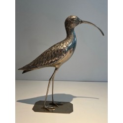 Large Silvered Brass Curlew Sculpture with Chiselled Feathers, French Work, circa 1970