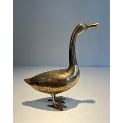 Large Decorative Polished Brass Duck Sculpture, French Work, circa 1970