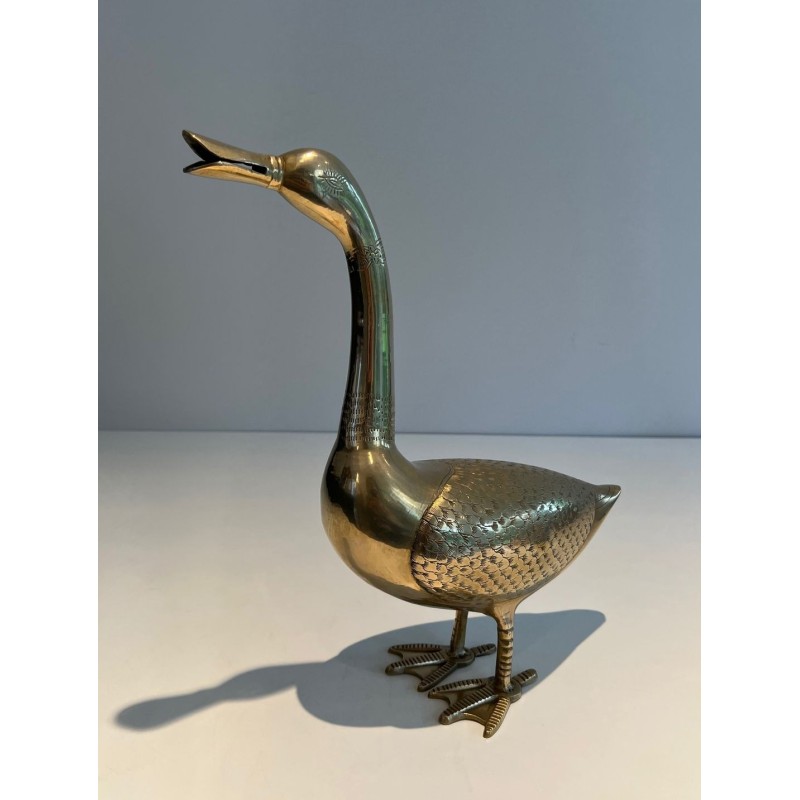 Large Decorative Polished Brass Duck Sculpture, French Work, circa 1970