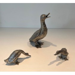 Set of Three Finely Chiselled Silvered Bronze Ducks, French Work, circa 1970