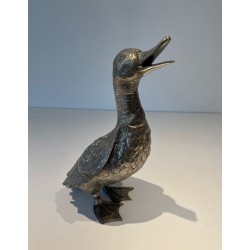 Large Silvered Bronze Duck, Standing with Head Raised, French Work, circa 1970