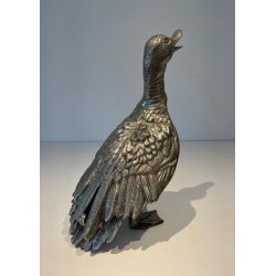 Large Silvered Bronze Duck, Standing with Head Raised, French Work, circa 1970
