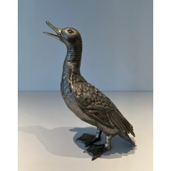 Large Silvered Bronze Duck, Standing with Head Raised, French Work, circa 1970