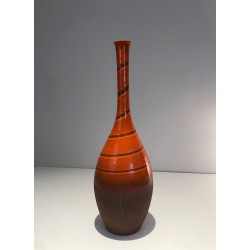 Tall Glazed Terracotta Ceramic Vase with Banded Decoration, French circa 1950