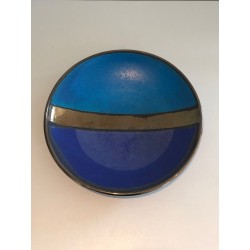 Large Glazed Ceramic Dish with Abstract Banded Blue Decoration, French circa 1970