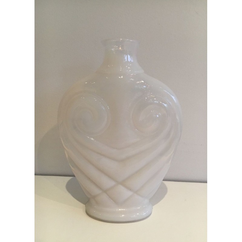 Modernist White Opaline Glass Owl Vase, French circa 1970