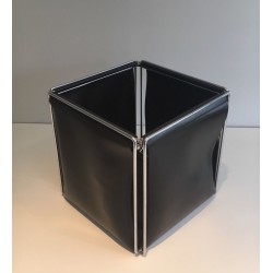 Modernist Chrome and Black Faux-Leather Waste Paper Basket, French circa 1970
