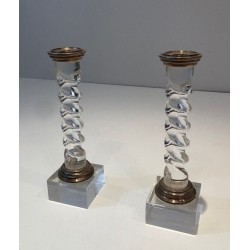Pair of Modernist Twisted Lucite and Silver-Plated Candlesticks, French circa 1970