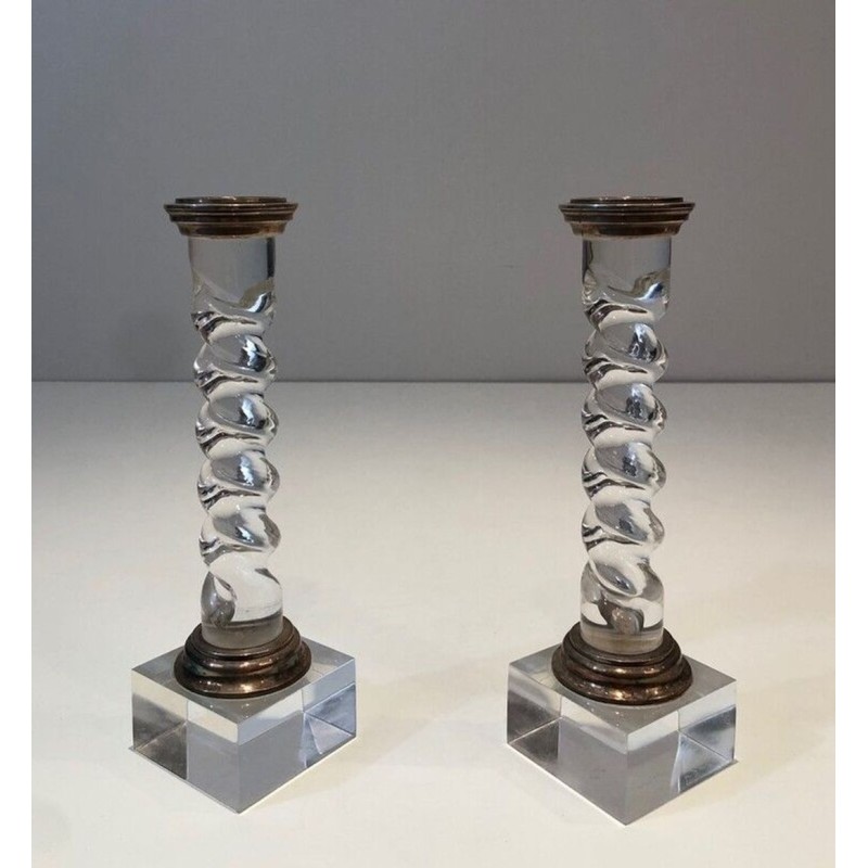 Pair of Modernist Twisted Lucite and Silver-Plated Candlesticks, French circa 1970