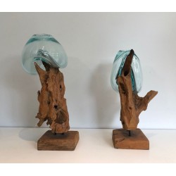Pair of Organic Driftwood and Blown Glass Vases, French circa 1980