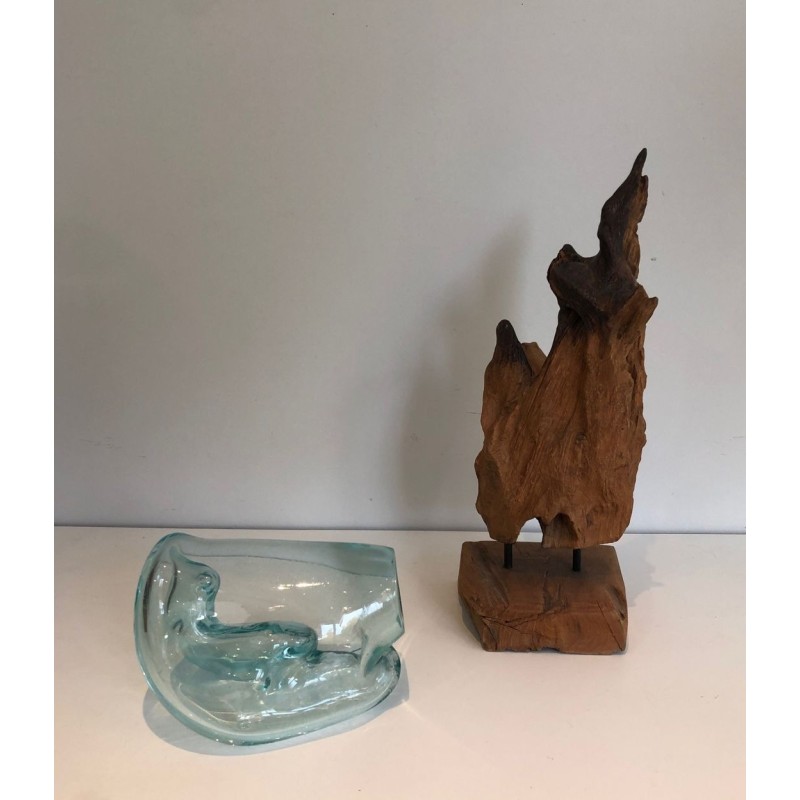 Pair of Organic Driftwood and Blown Glass Vases, French circa 1980