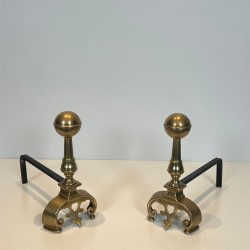 Pair of Neoclassical Brass Andirons with Ball Finials and Ornate Scroll Bases, French circa 1900