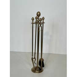 Neoclassical Brass Fireplace Companion Set with Pine Cone Finials, in the Style of Maison Baguès, circa 1970
