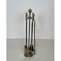 Neoclassical Brass Fireplace Companion Set with Pine Cone Finials, in the Style of Maison Baguès, circa 1970