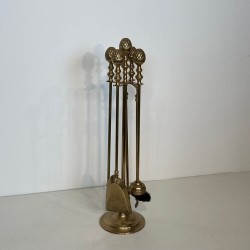 Neoclassical Brass Fireplace Companion Set with Pine Cone Finials, in the Style of Maison Baguès, circa 1970